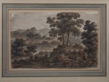 peinture d'un paysage avec des arbres et une rivière au premier plan