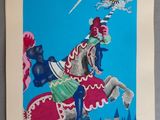 tableau représentant un chevalier à cheval muni d'une épée, un chevalier à cheval muni d'une épée et un chevalier à cheval