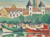 a painting of boats in the water near a town