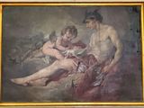 une peinture représentant un homme et une femme assis sur un canapé