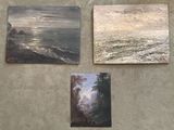 three paintings on a wall of a beach and a body of water