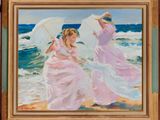 painting of two women in pink dresses walking on the beach with umbrellas