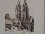 drawing of a church with a steeple and two spires in front of it