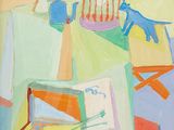 a painting of a table with a birdcage on it
