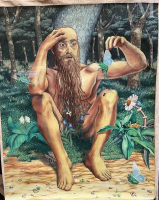 a painting of a man sitting in the woods