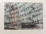drawing of a bird cage filled with birds flying over a body of water