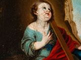 a painting of a woman holding a cross in her hands