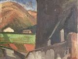 an oil painting of a building with a steeple on the top of it