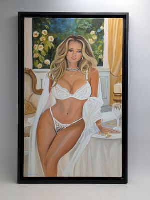 tableau représentant une femme en lingerie blanche assise sur une table