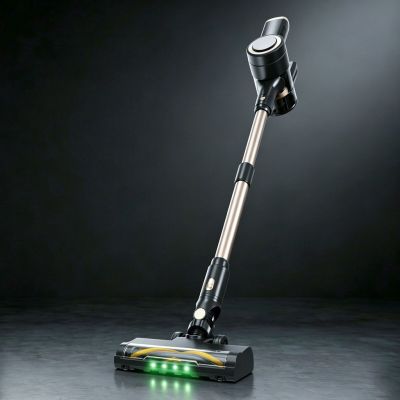 a close up of a vacuum on a table with a green light