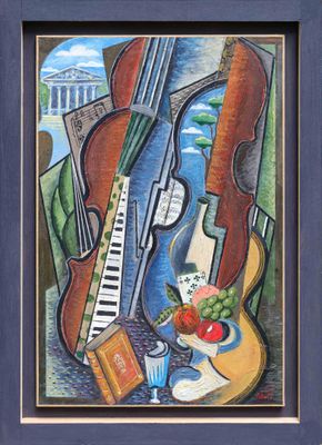 painting of a painting of a violin, fruit, and a piano