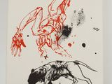 a red and black drawing of a man on a horse