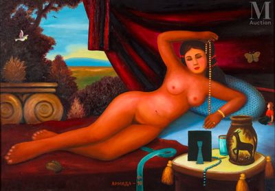 tableau représentant une femme nue allongée sur un lit sur lequel se trouve une lampe