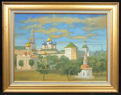 une peinture à l'huile représentant une vue de ville avec une église en arrière-plan