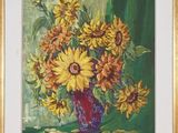 painting of sunflowers in a vase on a green background