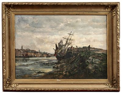 une peinture à l'huile représentant un bateau sur un plan d'eau
