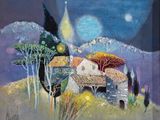 painting of a painting of a house and trees with a full moon in the background