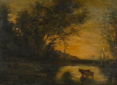 painting of a bear in a river at sunset with trees in the background