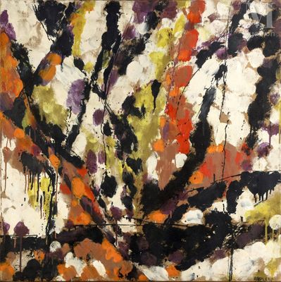une peinture abstraite aux couleurs noir, orange, jaune et blanc