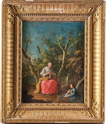 an old painting of a woman and two children in a wooded setting