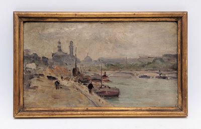 painting of a river scene with boats and buildings in the background