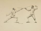 drawing of two men in fencing stance with swords in their hands