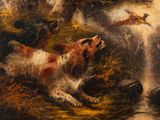 un tableau représentant un chien poursuivant un oiseau dans les bois