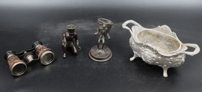 several antique silverware items including a bowl, pair of binoculars, and a pair of binoculars