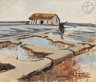 une peinture à l'huile représentant une vache dans un champ, avec une grange en arrière-plan