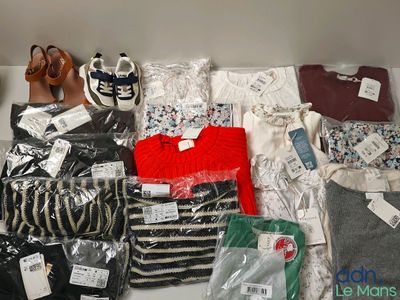 Plusieurs paires de chaussures et des vêtements sont posés sur une étagère dans un placard