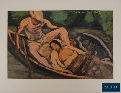 a painting of a man and a woman in a boat