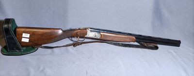 an old shotgun with a leather case on a white background