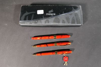 three pens sitting next to each other on a table
