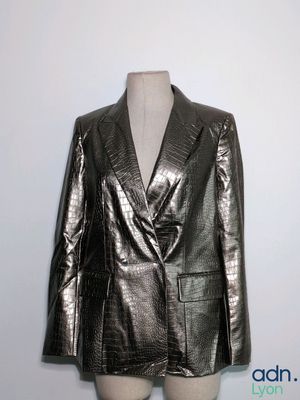 veste argentée brillante sur un mannequin, un mannequin, un mannequin, un mannequin, un mannequin, un mannequin, un mannequin, un mannequin, un mannequin