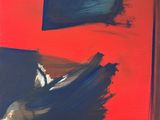 an abstract painting of red, blue, and black with a red background