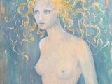 an oil painting of a woman with long blonde hair standing in front of a blue background