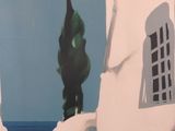 a painting of a building with a tree on top of it