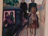 a painting of a man riding a horse and a woman on a carriage