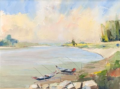 a painting of boats on the shore of a lake