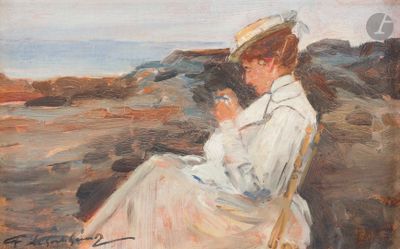 tableau représentant une femme en robe blanche assise sur une plage