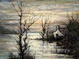 l'image d'une peinture représentant une rivière avec des arbres au premier plan