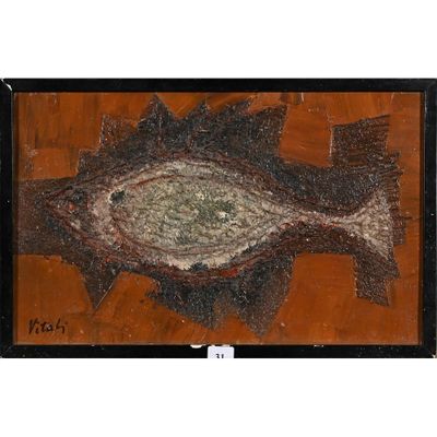 tableau représentant un poisson sur fond orange, avec un cadre noir