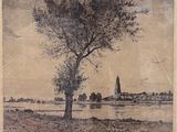 drawing of a view of a river with a church in the distance