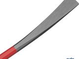a large knife with a red handle on a white background