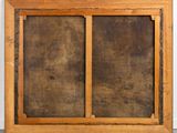 a close up of a wooden frame with a window in it