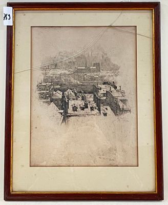 CH JONAS ? "Notre Dame sous la neige". Gravure en noir. Sign…