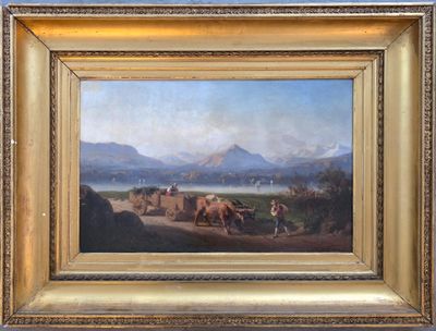 peinture représentant un paysage avec du bétail et un homme sur une charrette tirée par des chevaux