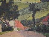a painting of a country road with a red roof