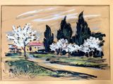 painting of a landscape with trees and a road in the foreground