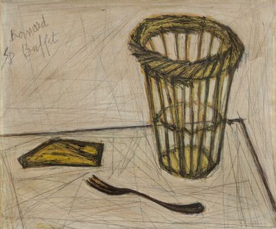 dessin représentant une poubelle et une cuillère posées sur une table